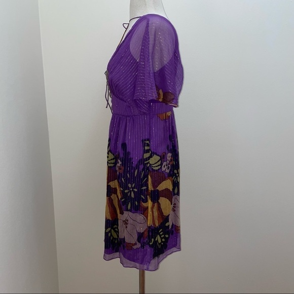 TIBI $495 Silk Dress Sz 10 Purple Floral Beads 100% Silk Metallic Empire Waist - Picture 3 of 14
